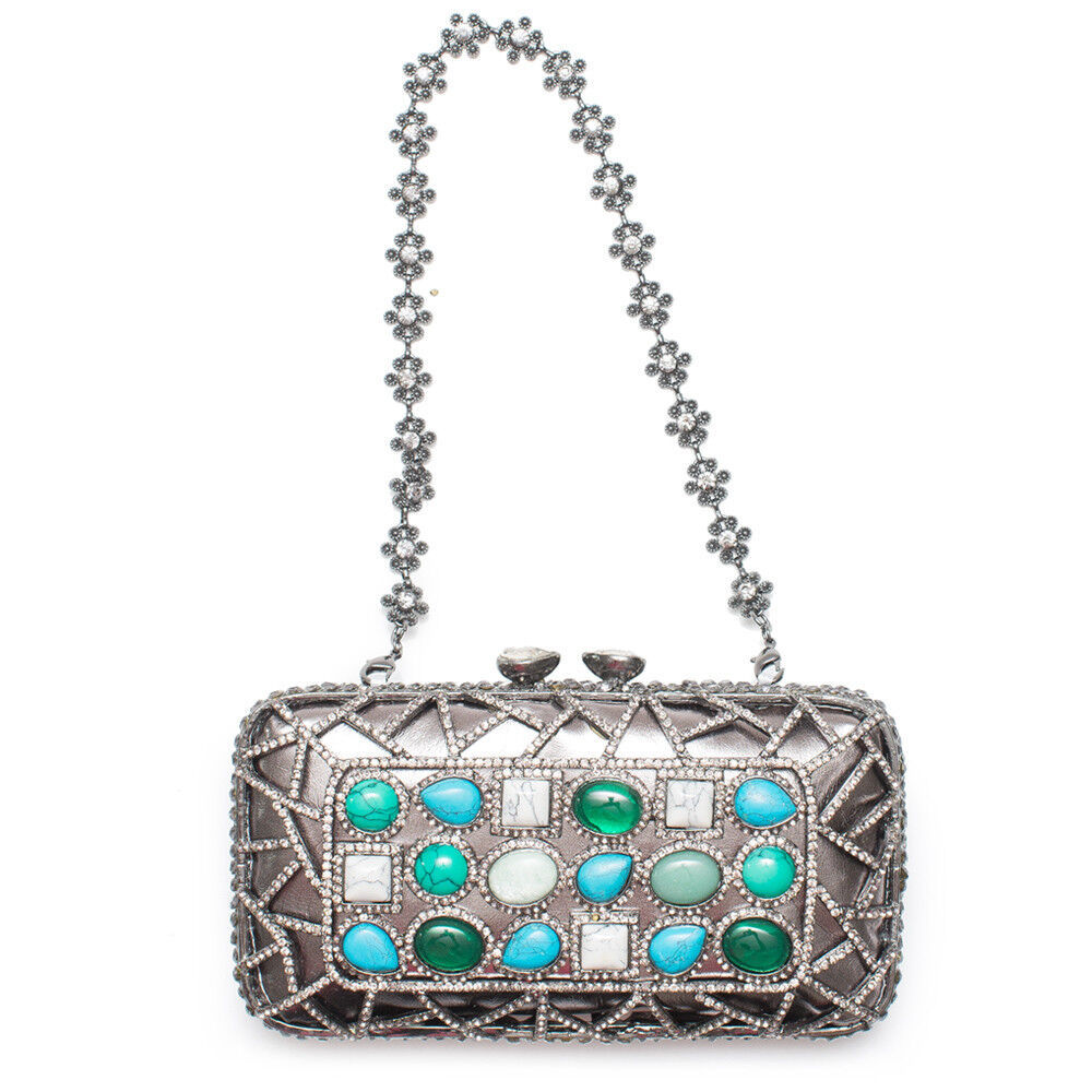 Ins Silver Gunmetal Blue Turq Minaudiere Evening Bag Handbag Crystal Beaded New